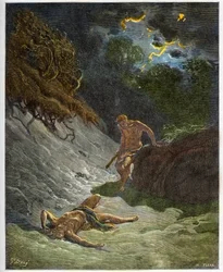 Der Tod Abels - Mord an Abel durch Kain - Gravur in „Die illustrierte Bibel“ von Gustave Doré (1832-1883) - Gravur aus „Die Doré-Bibel“