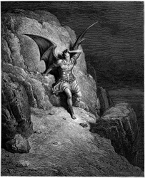 Der Sturz des Engels Luzifer (Satan, gefallener Engel, fiel vom Himmel auf die Erde). Illustration von Gustave Doré für „Das verlorene Paradies“ von John Milton (1608-1674). Stich von 1866. Privatsammlung