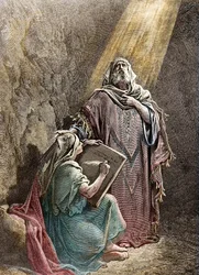Der Prophet Jeremia diktiert Baruch seine Prophezeiungen - kolorierter Stich von Pannemaker aus der Bibel von Gustave Doré (1832-1883) - Jeremia (650-585 v. Chr.), hebräischer Prophet