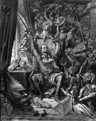 Die Lektüre des Don Quijote (Quixote oder Qijote). Stich von Gustave Doré zur Illustration der Hachette-Ausgabe von 1869 des Buches „Der sinnreiche Junker Don Quijote von der Mancha“ (Mancha) von Miguel de Cervantes Saavedra, übersetzt von Louis Viardot