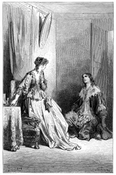 Vallombreuse kniet vor Isabelle, in die er verliebt ist. Stich von Gustave Doré zur Illustration von Théophile Gautiers Roman „Le capitaine Fracasse“, Charpentier-Ausgabe 1863.