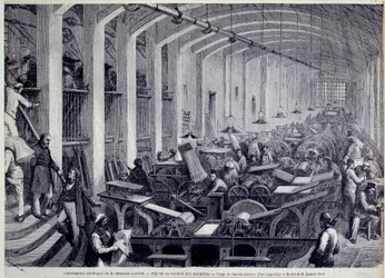 Ansicht der Druckmaschinengalerie von Charles Lahure. Gravur von Gustave Doré (1832-1883) aus „L
