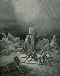 Vergil (70-19 v. Chr.) und Dante beim Anblick der Spinnenfrau, Illustration aus „Die Göttliche Komödie“ (Inferno) von Dante Alighieri (1265-1321), Paris, veröffentlicht 1885