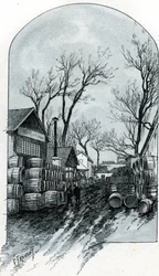 Ansicht des Lagerhauses der Rue de Sauternes, Bercy, Paris (Ansicht des Lagerhauses der Rue de Sauternes, Bercy, Paris) Zeichnung von Gustave Fraipont (1849-1923) aus „La Seine à travers Paris“ von Saint-Juirs