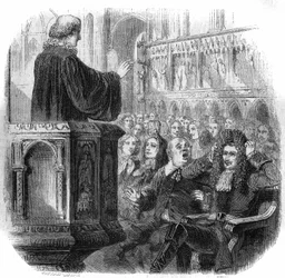 Peter I. der Große (1672-1725), russischer Zar, trägt sein Haar auf der Bürgermeisterperücke während eines Besuchs in einer niederländischen Kirche im Jahr 1716. Gravur von Gustave Janet