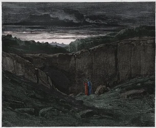 Inferno, 3. Gesang: Vergil und Dante an den Toren der Hölle, Illustration aus der Göttlichen Komödie von Dante Alighieri, 1885