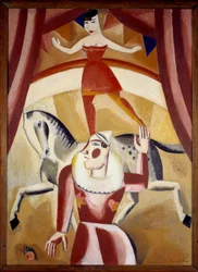Zirkus III, eine Akrobatin auf einem Pferd und ein Clown auf einer Zirkusbahn, Gemälde von Gustave de Smet (1877-1943) 1926