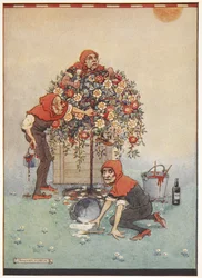 Die Gärtner der Herzkönigin malen die Rosen von weiß zu rot aus Alice im Wunderland