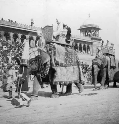 Eine Elefantenprozession, die an der Jumma Masjid vorbeizieht, Delhi, Indien, 1900er