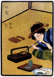 Junge Japanerin wartet auf Besuch und raucht Opium - in „Japanische Puppe“ von Félicien Champsaur, ill. Hanafusa Itcho, Paris