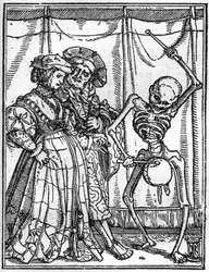 Die Simulakren des Todes von Hans Holbein dem Jüngeren (1497-1543): die Eheleute. Der Tod spielt die Trommel vor einem Paar. Gravur.
