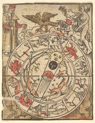 Karte der Tierkreiszeichen mit Venus, Amor und einem Bischofsheiligen