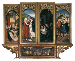 Szenen aus dem Leben der Jungfrau: die Verkündigung, der Besuch, die Geburt und die Flucht nach Ägypten. Gemälde auf Holz von Hans Baldung genannt Grien (1485-1544) Altar der Kathedrale Unserer Lieben Frau von Freiburg, Freiburg im Breisgau, Deutschland