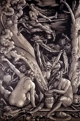 Der Hexensabbat, Gravur von Hans Baldung Grien, deutscher Maler, Graveur und Zeichner (1484-1545)