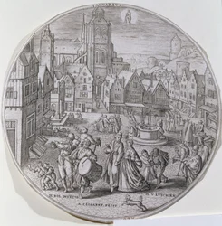 Januar, zeigt Bürger, die den Dreikönigstag auf dem Marktplatz von Bergen feiern, aus einem Satz von zwölf 
