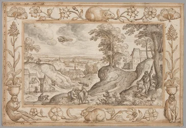 Landschaft mit dem Opfer des Isaak innerhalb eines dekorativen Rahmens aus Pflanzen und Tieren