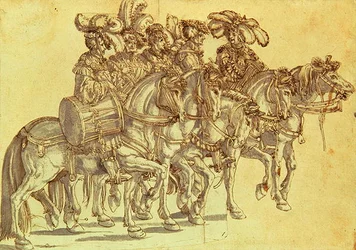 Fünf Trommler zu Pferd, um 1500