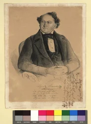 Tomaselli Ignaz, Schauspieler und Sänger (1812-1862). Mit Faksimile-Unterschrift und vierzeiligem Gedicht „Weltbühne“. An der Seite rechts vierzeiliges Gedicht als Widmung von Ignatz Tomaselli an (?) Linz, 28. März 1849. Ignatz Tomaselli/Weltbühne:/Der
