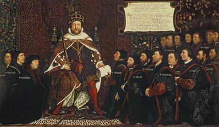 Heinrich VIII. überreicht eine Urkunde an Thomas Vicary, zur Erinnerung an den Zusammenschluss der Barbiere und Chirurgen, 1541