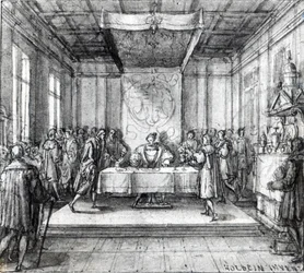 Heinrich VIII. in seinem Privatgemach (Feder, Tinte und Waschung auf Papier)