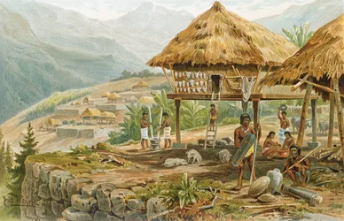 Igoroten-Bauernhof auf Luzon, Philippinen, aus „Die Geschichte der Menschheit“, Bd. 1, von Prof. Friedrich Ratzel, 1896