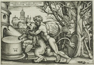 Herkules und der nemeische Löwe, aus Die Arbeiten des Herkules