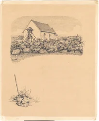 Illustration zu St. St. Blicher: "Mowns". V.o.: Kirche hinter Steinmauer; v.u.: Grabstätte (?) mit Spaten
