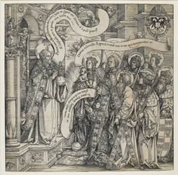 Maximilian wird von seinen Schutzheiligen dem Allmächtigen vorgestellt, 1519