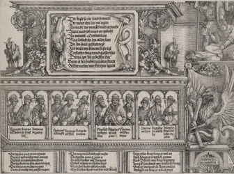 Der obere Abschnitt des linken Portals, mit der Inschrift auf einer Löwenhaut, ein Fries mit B..., 1515