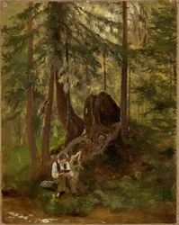 Waldinneres mit lesendem Knaben