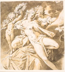 Mars streichelt Venus; links ein Amor, der ihr einen Kranz reicht