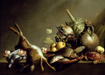 Stillleben mit einem irdenen Krug und Hase