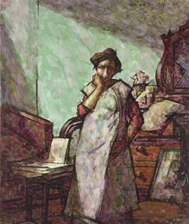 Innenraum mit Mrs. Mounter in einem Kittel