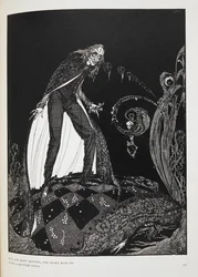 „Doch noch viele Minuten lang schlug das Herz mit einem gedämpften Geräusch.“ Illustration zu der Kurzgeschichte „Das verräterische Herz“. Der Erzähler erstickt den alten Mann in dessen eigenem Bett.