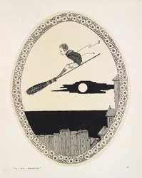 "Wenn ich einen Besenstiel hätte". Illustration zu einem Gedicht von Patrick R. Chalmers. Ein Junge auf einem Besenstiel