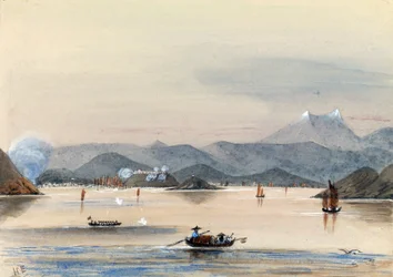 Die HMS Tribune auf dem Chuenpee-Fluss in Kanton (China), mit Ruderbooten und chinesischen Dschunken