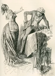 Edith und Mr. Carker. „Er kam fröhlich auf sie zu, als sie plötzlich das Messer vom Tisch nahm und einen Schritt zurücktrat. Bleiben Sie stehen“, sagte sie, „oder ich ermorde Sie!“ Illustration von Harry Furniss für den Roman von Charles Dickens