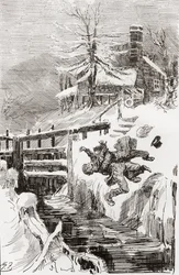 Der Todeskampf im Schloss. "Hab ich dir nicht gesagt." "Ich halte dich lebendig, und ich halte dich tot." schrie Bradley, als Riderhood rückwärts über die glatte Grube ging und Bradley Headstone auf ihm." Illustration von Harry Furniss für den Roman von Ch