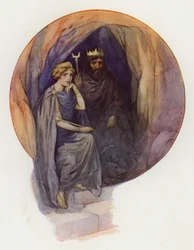 Proserpina sitzt in langen schwarzen Gewändern auf einem großen schwarzen Thron mit dem wilden schwarzen König neben ihr