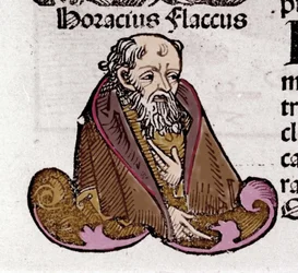 Porträt von Horaz (Quintus Horatius Flaccus) (65-8 v. Chr.), lateinischer Dichter. In „Liber Chronicarum“ von Hartmann Schedel. 1497