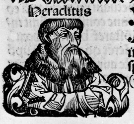 Porträt des griechischen Philosophen Heraklit von Ephesos (Heraklit von Ephesos, 576-480 v. Chr.). Xylographie aus „Chroniken von Nürnberg“ von Hartmann Schedel