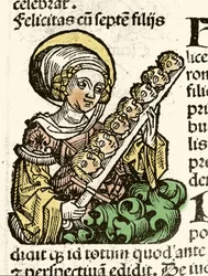 Darstellung der heiligen Felicitas, Martyrium in Rom mit den Köpfen ihrer sieben Kinder. Holzschnitt von Hartmann Schedel „Chronik von Nürnberg“ 1493