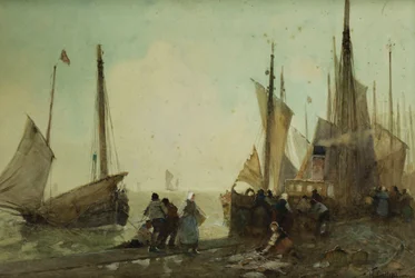Entladen von Fischerbooten am Kai, Bretagne