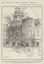 Die historische Schule der Bluecoat Boys in der Newgate Street, London (Lithografie)