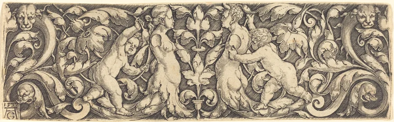 Kreuzpaneel mit Weinrebe in der Mitte und Tritonenpaar