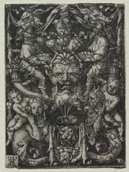 Ornamententwurf mit Maske, einem Paar Tritonen und zwei Kindern darunter