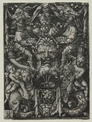 Ornamentdesign mit einer Maske, einem Paar Tritonen und zwei Kindern darunter, 1549