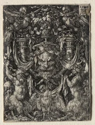 Ornamententwurf mit Maske und einem Adler zwischen zwei Faunen darunter