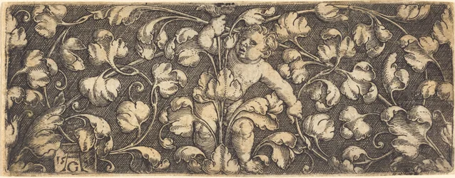Ornament mit Laubwerk und einem Kind in der Mitte