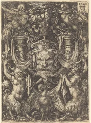 Ornament mit Maske, Adler zwischen Satyrn unten